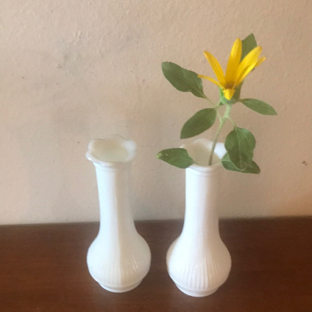 Randall milk glass set of two flower shaped bud vases